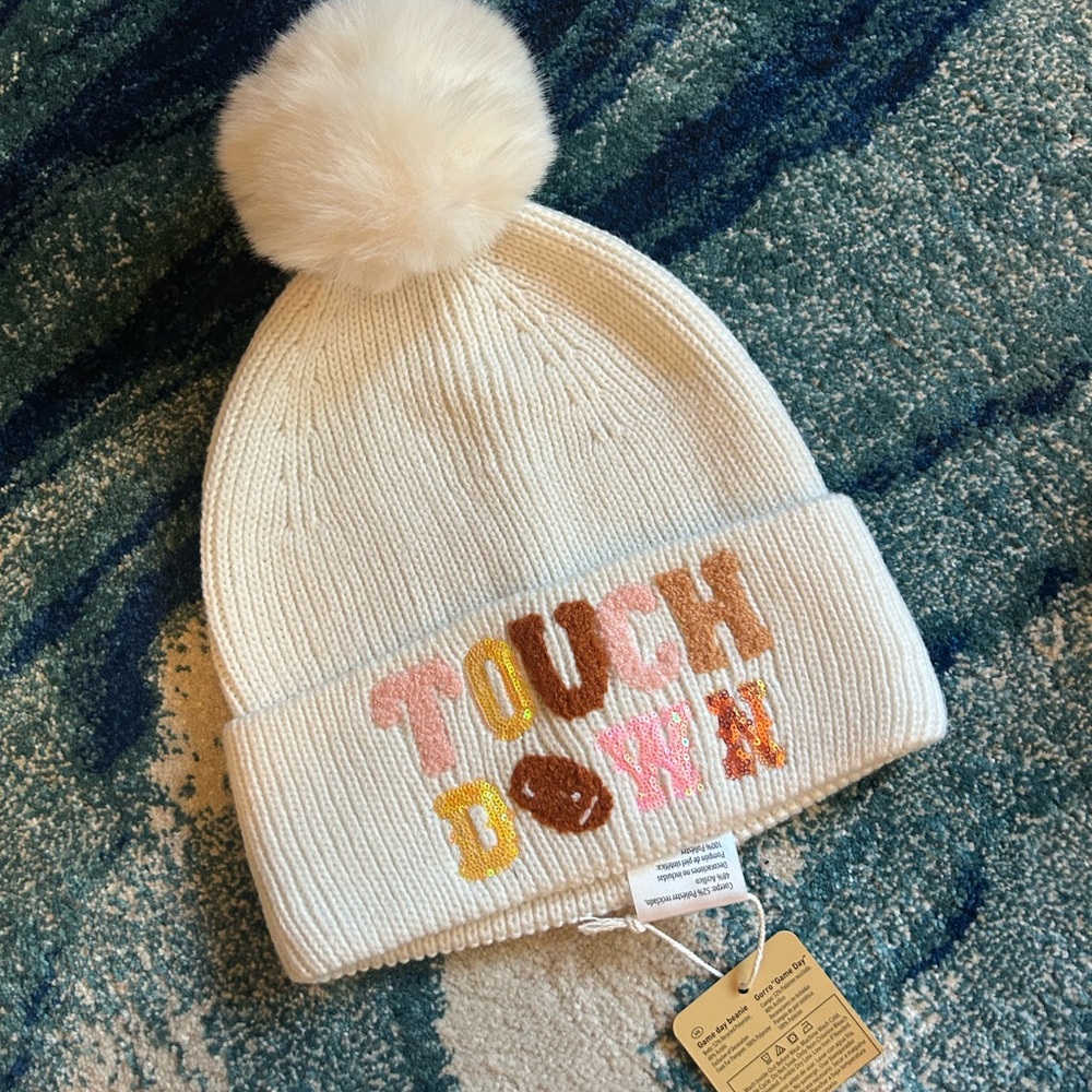 White Knit “Touch Down” Beanie with Pom Pom